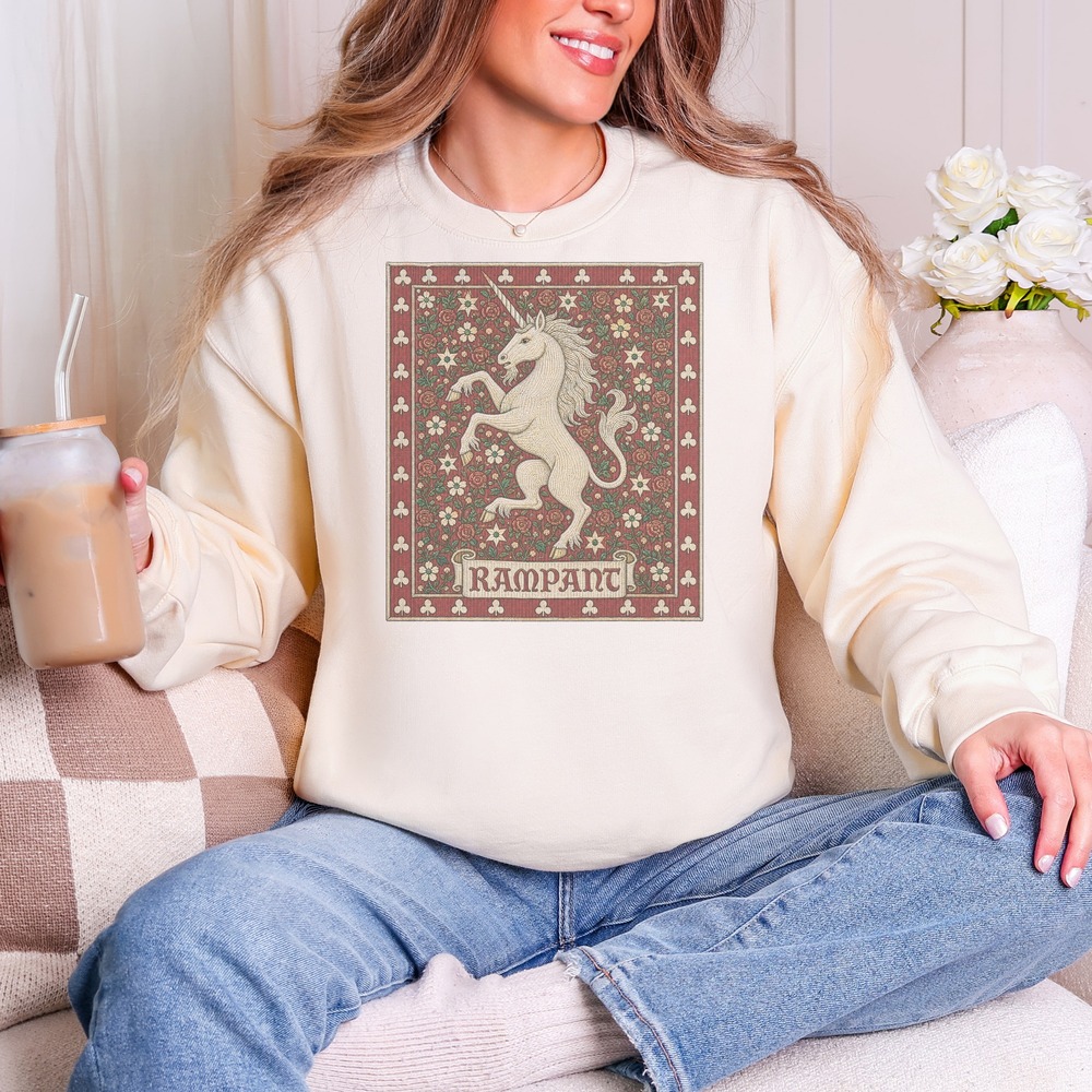Rampant Unicorn Rising in a Tudor Floral Tapestry Sweatshirt